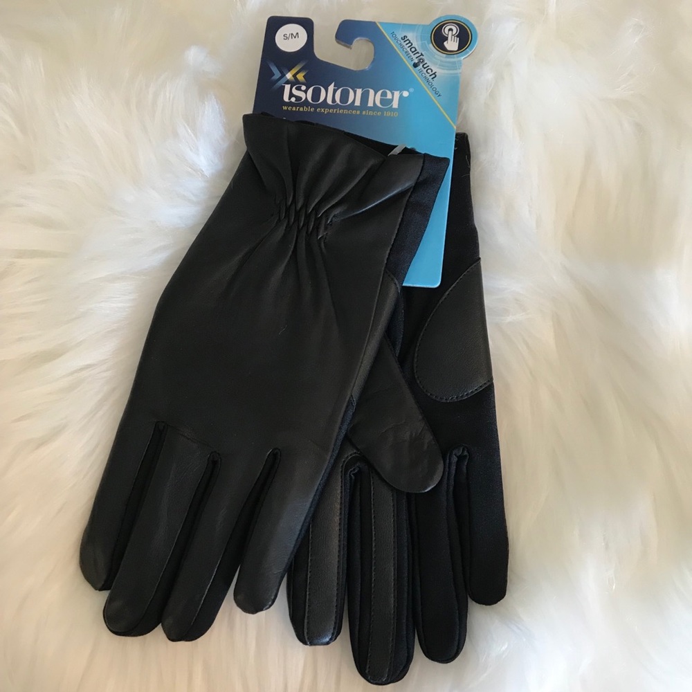 Isotoner black leather gloves with smart touch